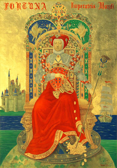 Богиня Фортуна императрица мира сидит на троне на земном шаре