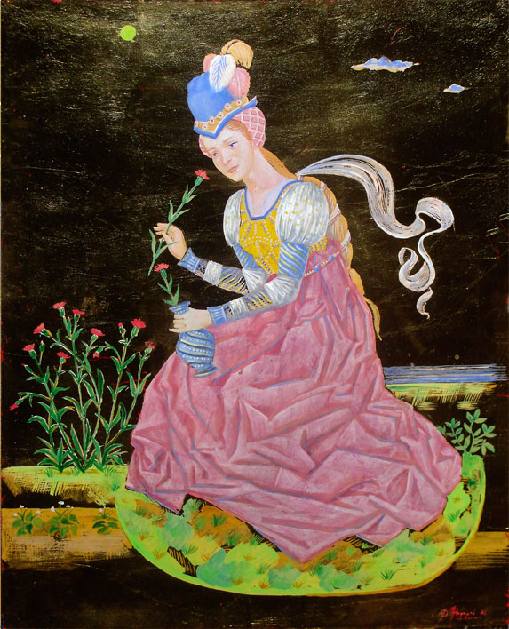 девушка собирает цветы весной картина на золоте