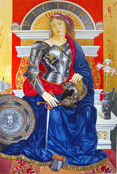 Богиня Победа Виктория в рыцарских доспехах со щитом и мечом