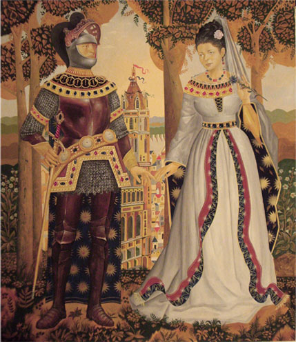 прогулка средневекового рыцаря и его дамы сердца по городу