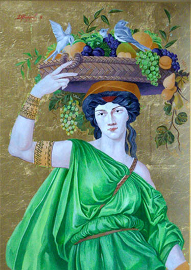Богиня Флора несет на голове корзину фруктов и цветов